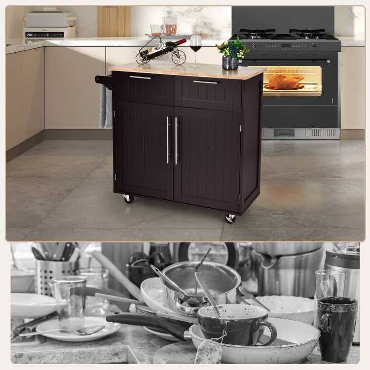 All-in-One Rolling Kitchen Island with Towel Bar - Black