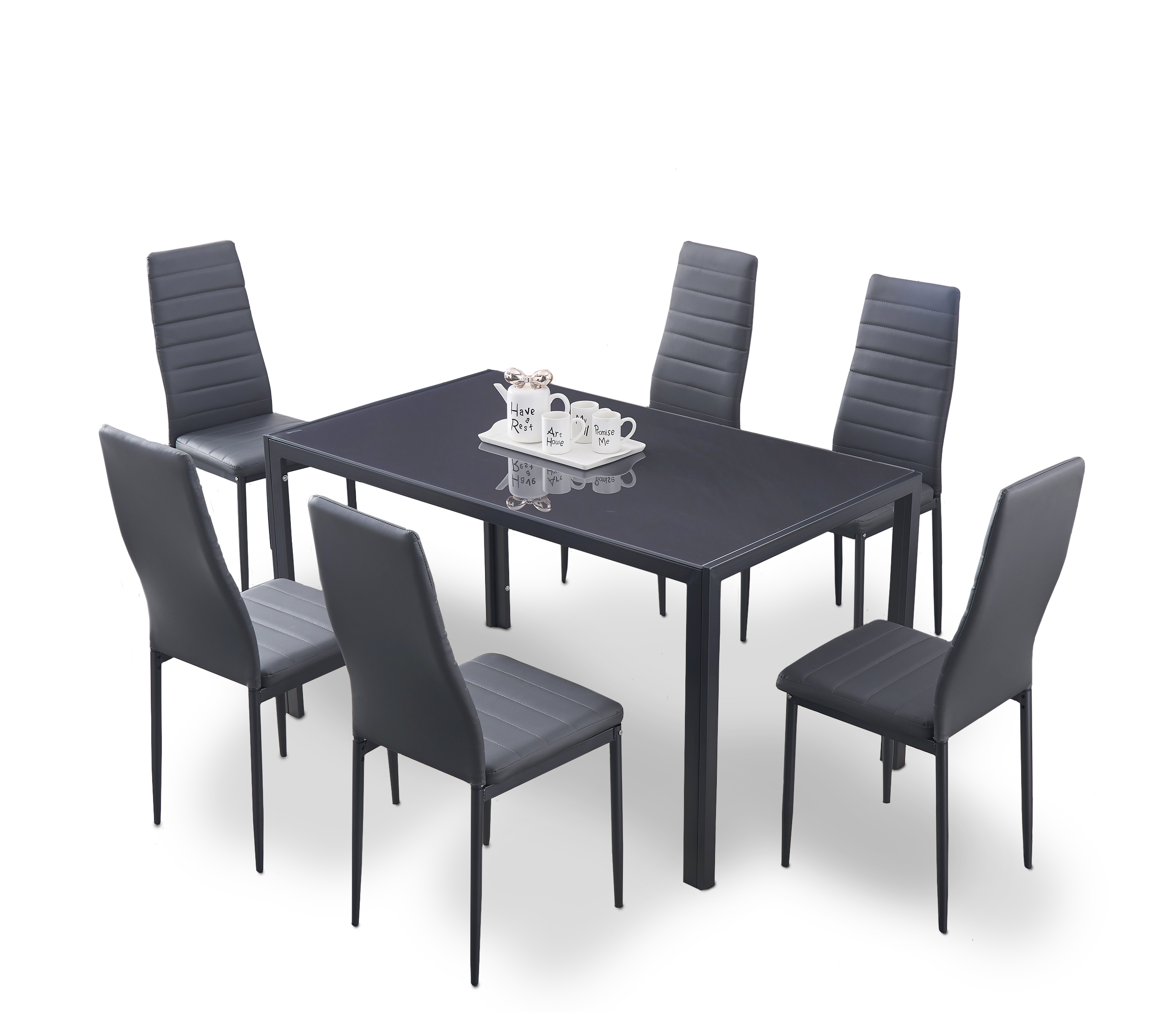 Tempered Grey Glass 7 Pc Dining Set W Grey Cushion Seats Hombca 9272