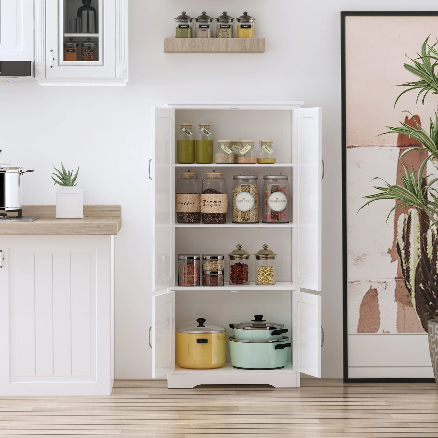 Multi-Storey Pantry Cabinet with Adjustable Shelves - White