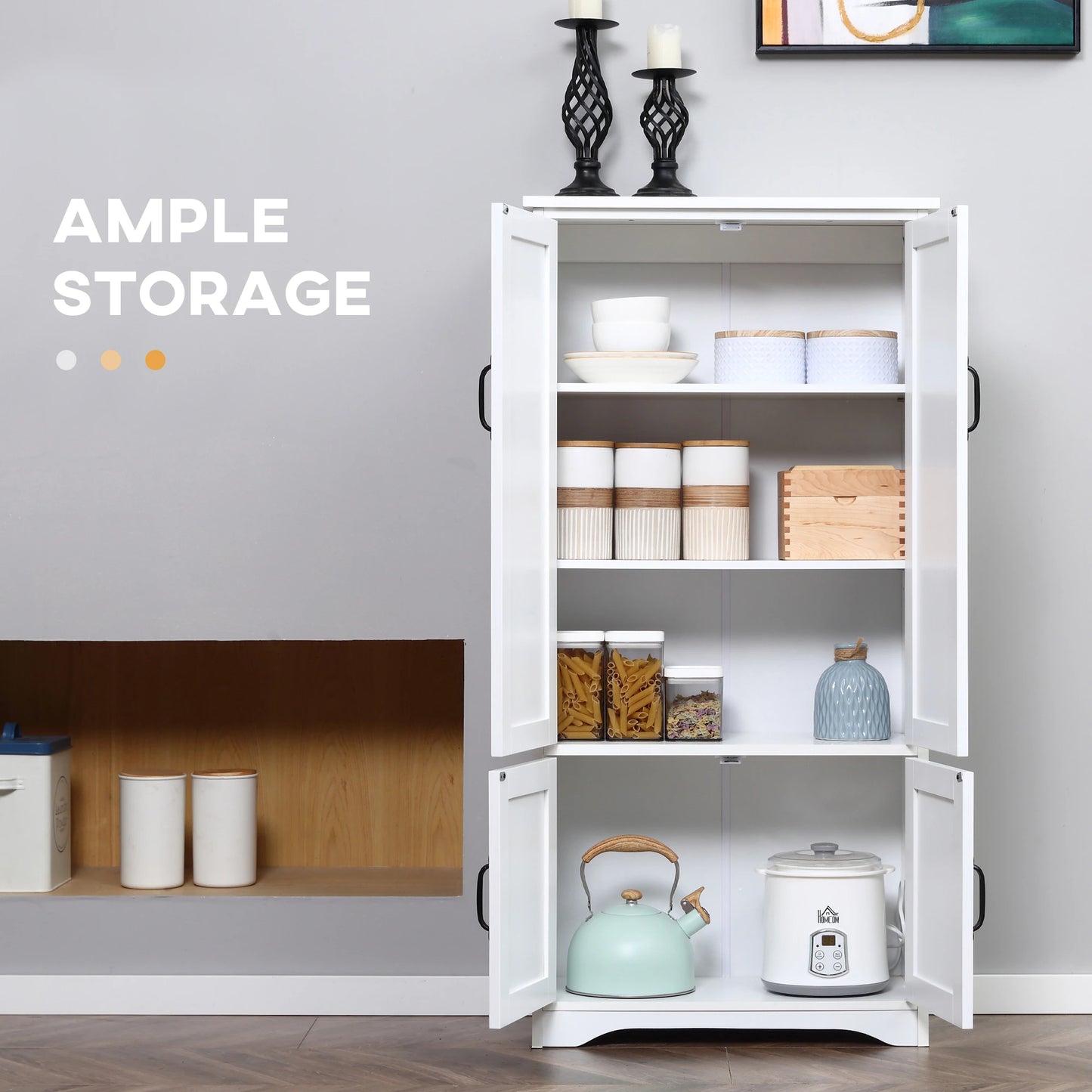 Multi-Storey Pantry Cabinet with Adjustable Shelves - White