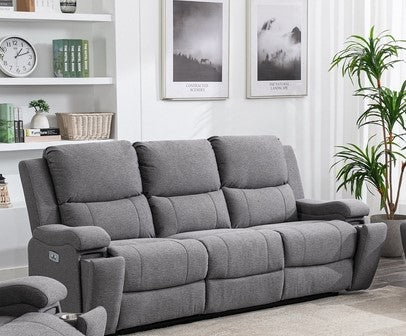 Soft Grey Fabric Power Recliner Sofa with USB Chargers
