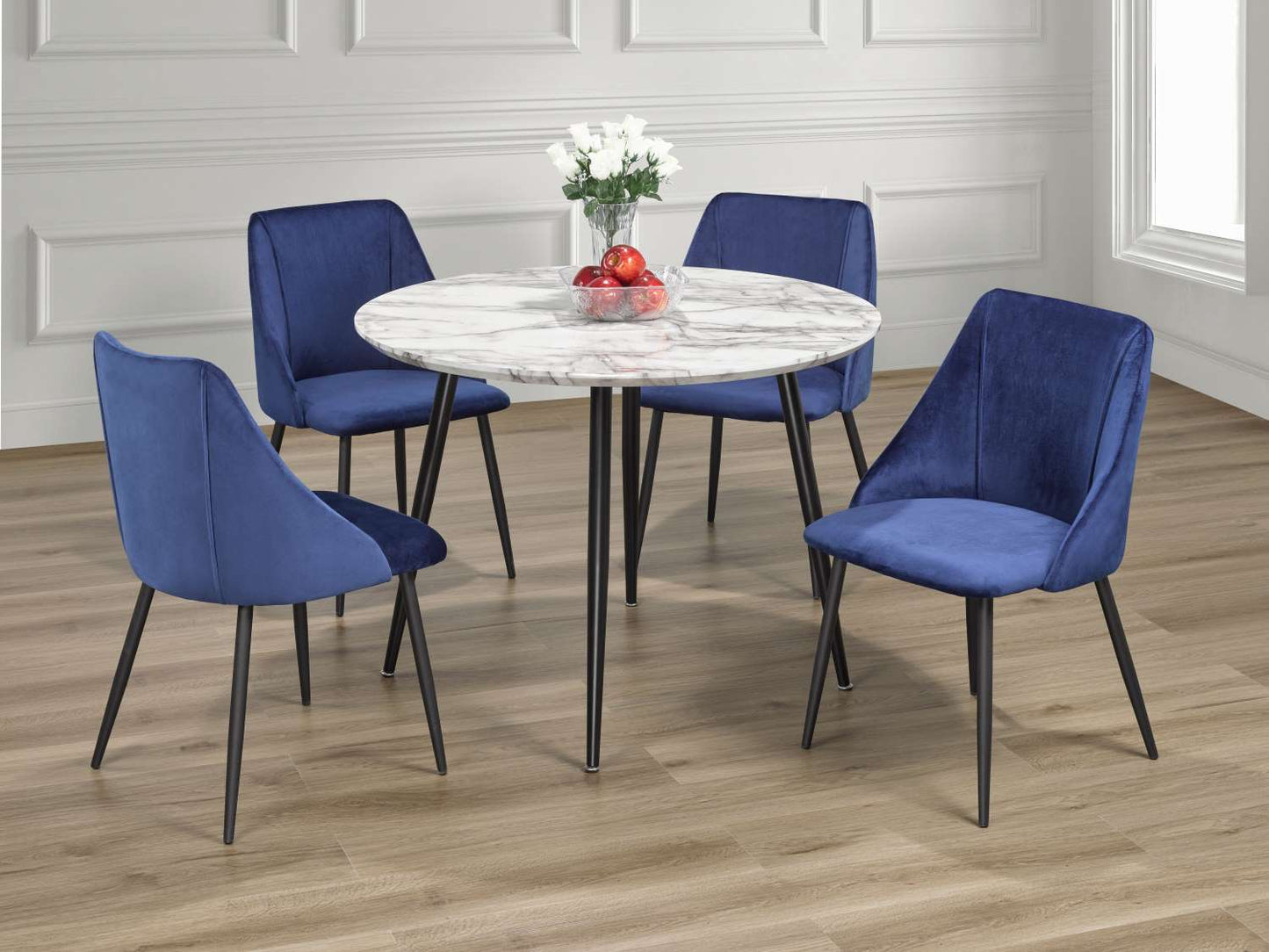 Round Faux Marble 5 Piece Dining Set with Blue Velvet Chairs
