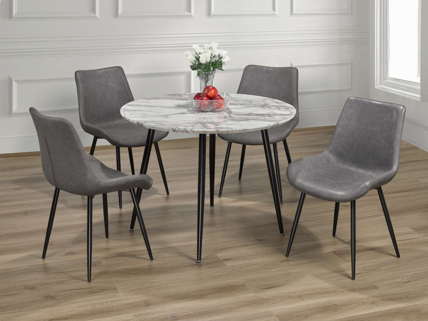 Round Faux Marble 5 Piece Dining Set with Grey Air Suede Chairs