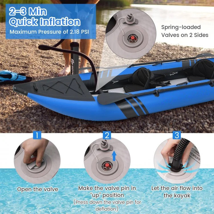 Blue Inflatable Kayak Set for Two with Aluminum Oars