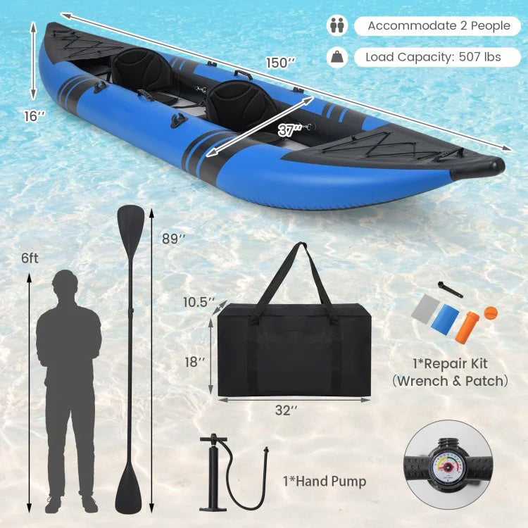 Blue Inflatable Kayak Set for Two with Aluminum Oars