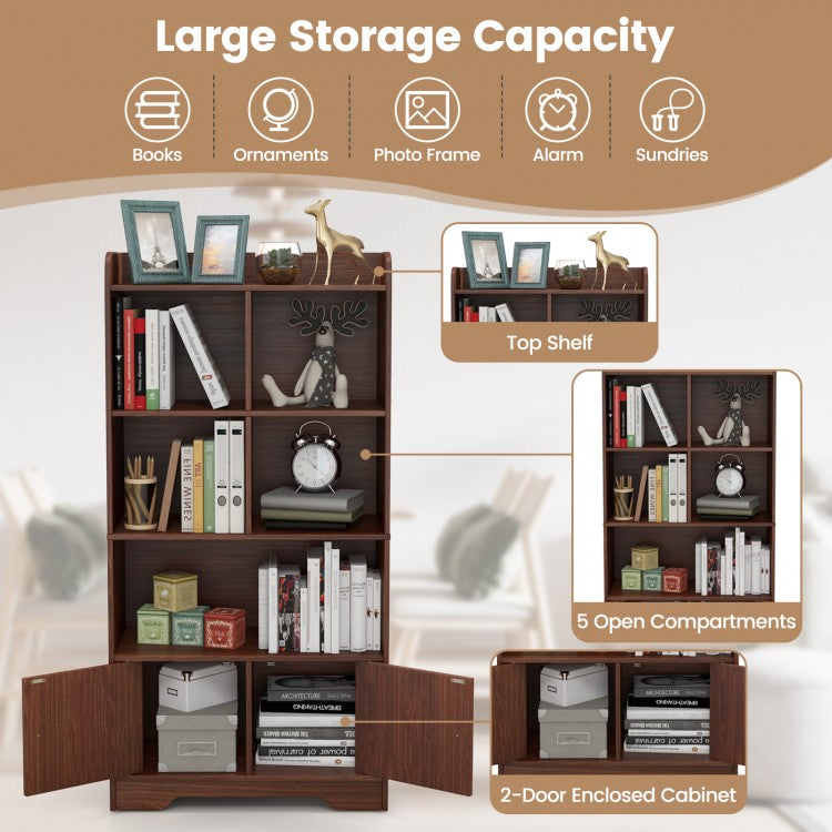 Quad-Level Showcase Cabinet with Dual Doors - Brown