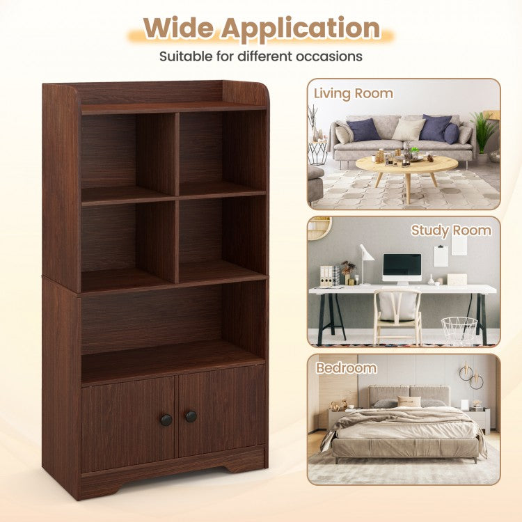 Quad-Level Showcase Cabinet with Dual Doors - Brown