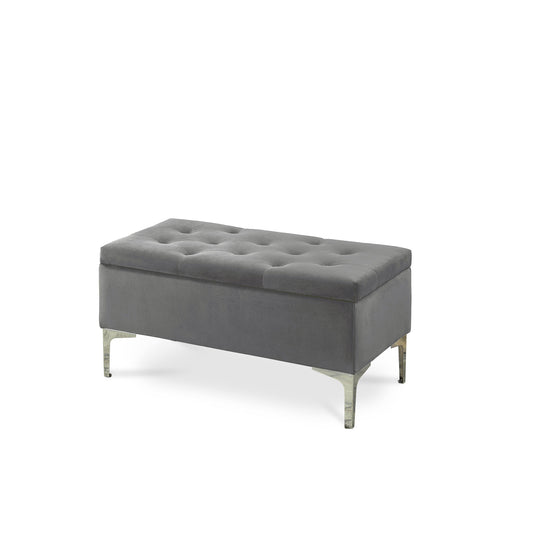 Grey Velvet Storage Bench with Deep Tufting and Chrome Legs -Ottoman