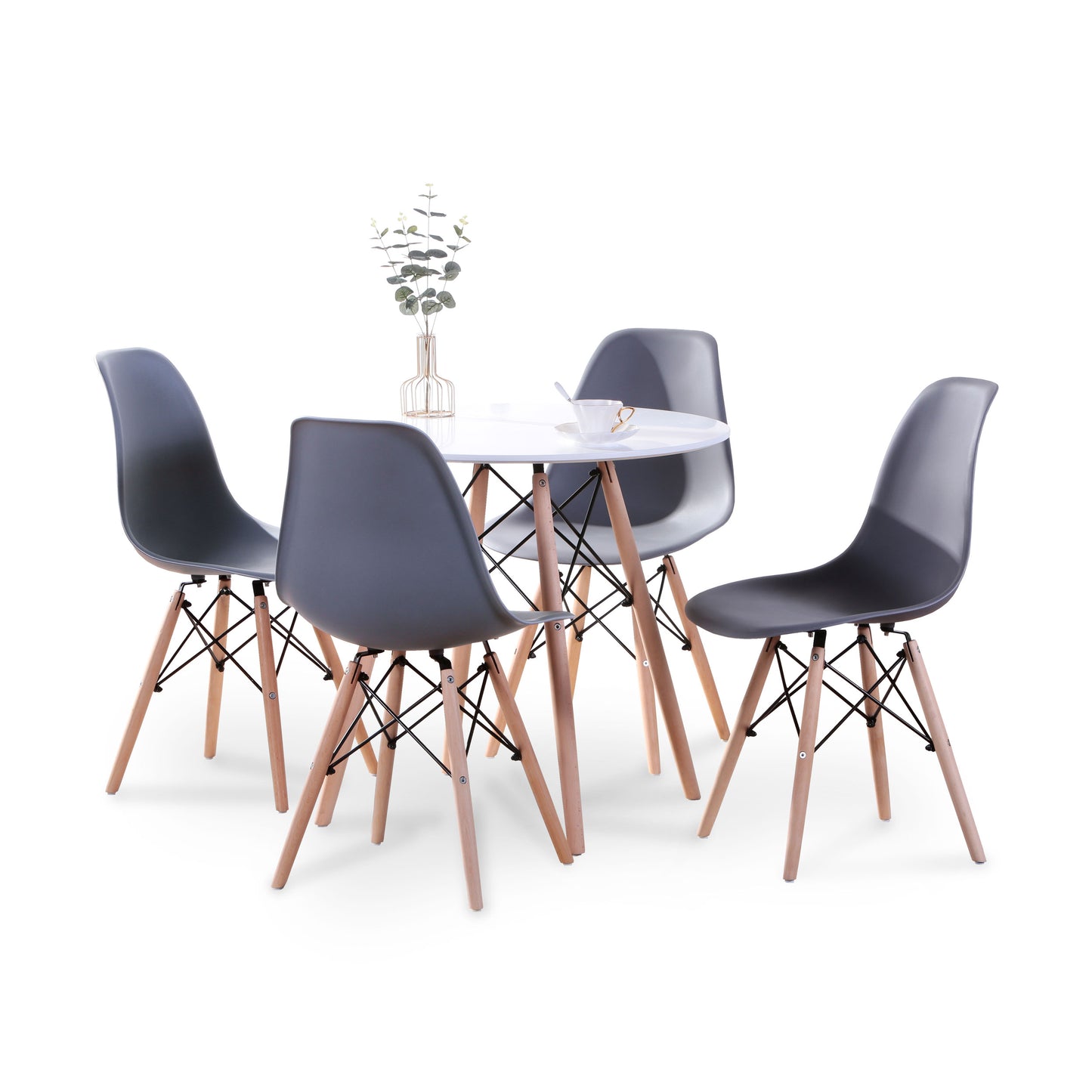 Round Lacquered Eiffel 5P Pc Dining Set w Grey Eiffel Chairs