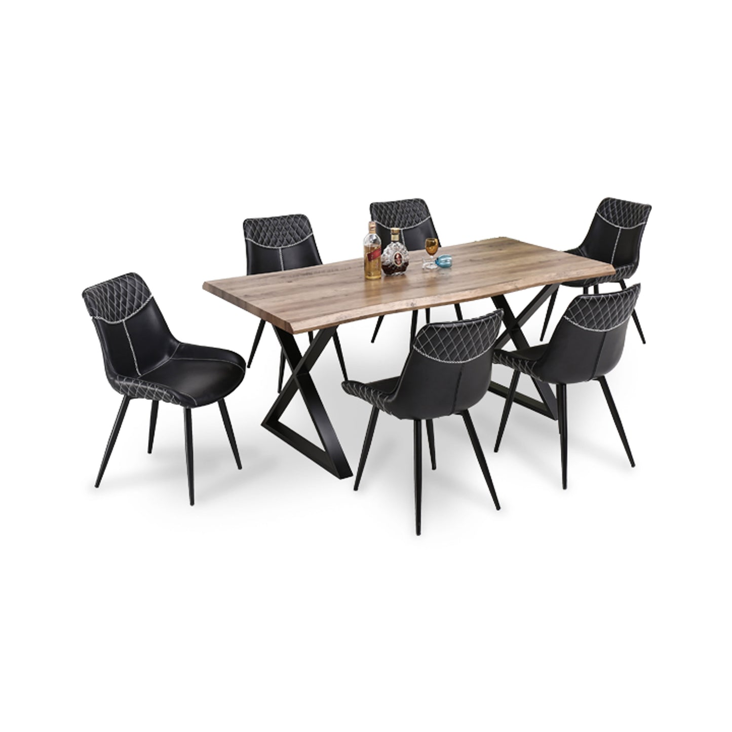 Faux Live Edge 7 Pc Wood Dining Set w Black PU Chairs