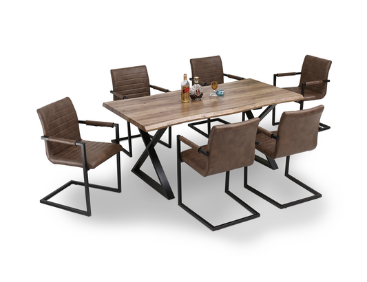 Faux Live Edge 7 Pc Wood Dining Set w Caramel Brown PU Chairs