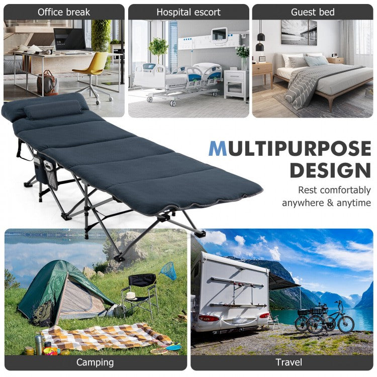 Portable Blue Folding Camp Bed with Mattress