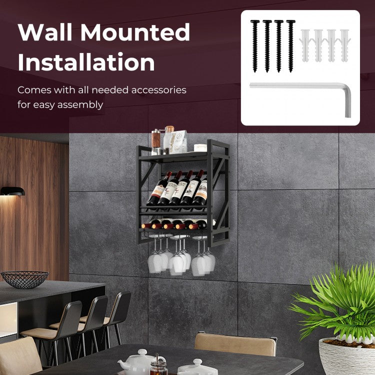 Wall Wine Shelf with Glass Rack - Holds 10 Bottles