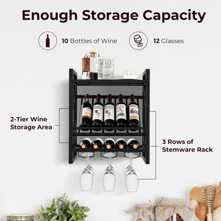 Wall Wine Shelf with Glass Rack - Holds 10 Bottles