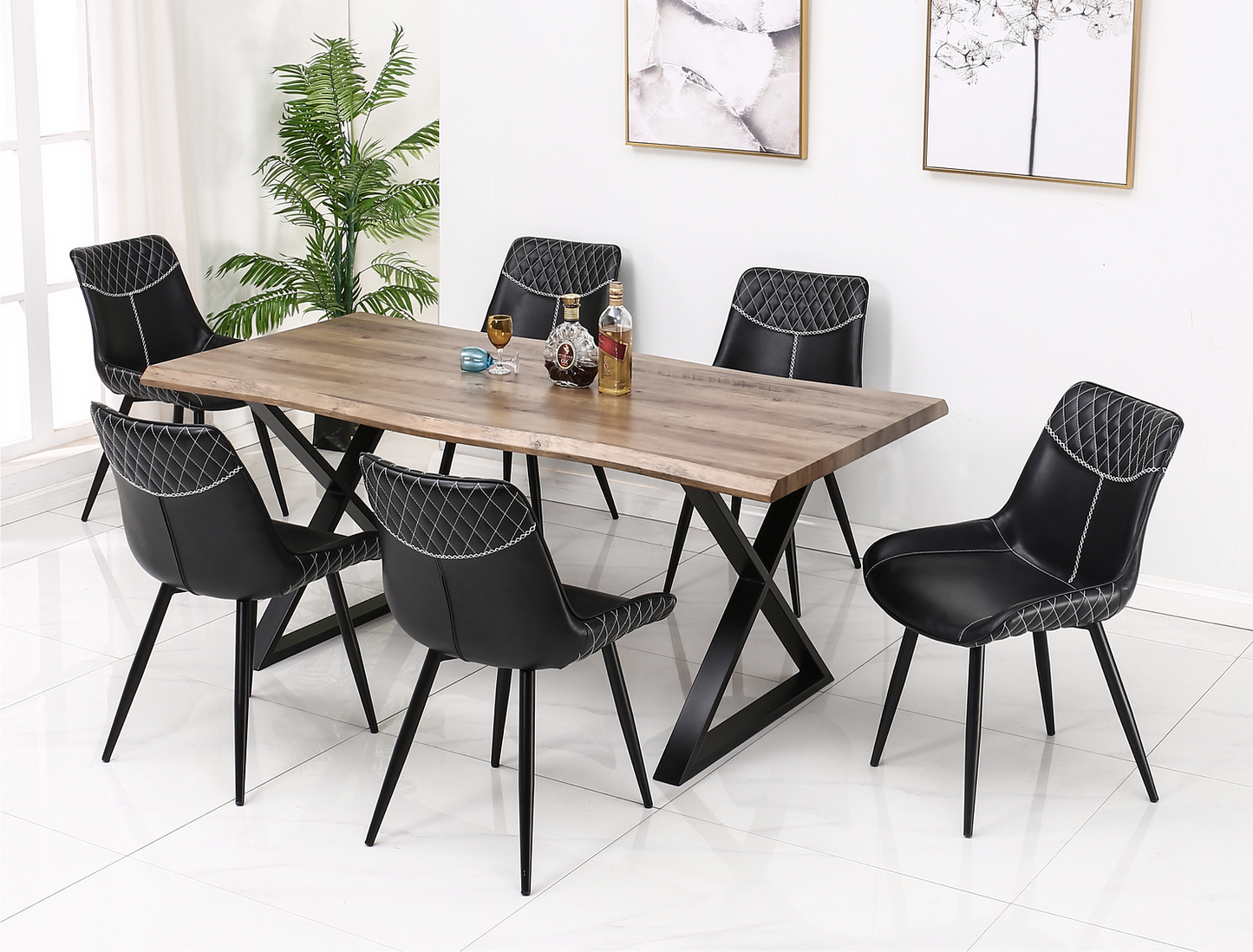 Faux Live Edge 7 Pc Wood Dining Set w Black PU Chairs