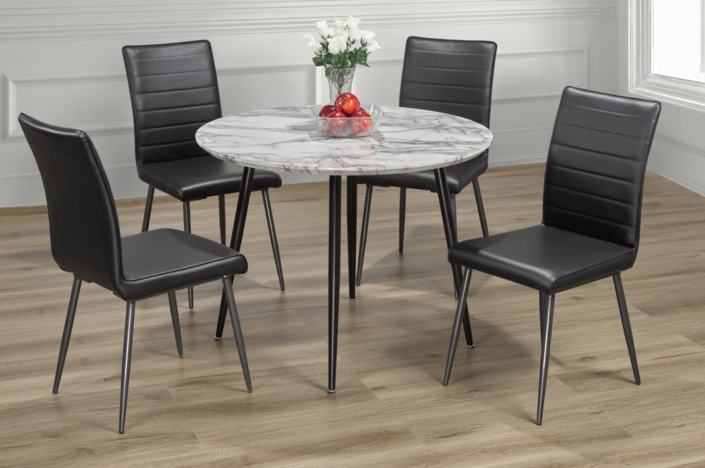 Round Faux Marble 5 Piece Dining Set with Black Leatherette Chairs