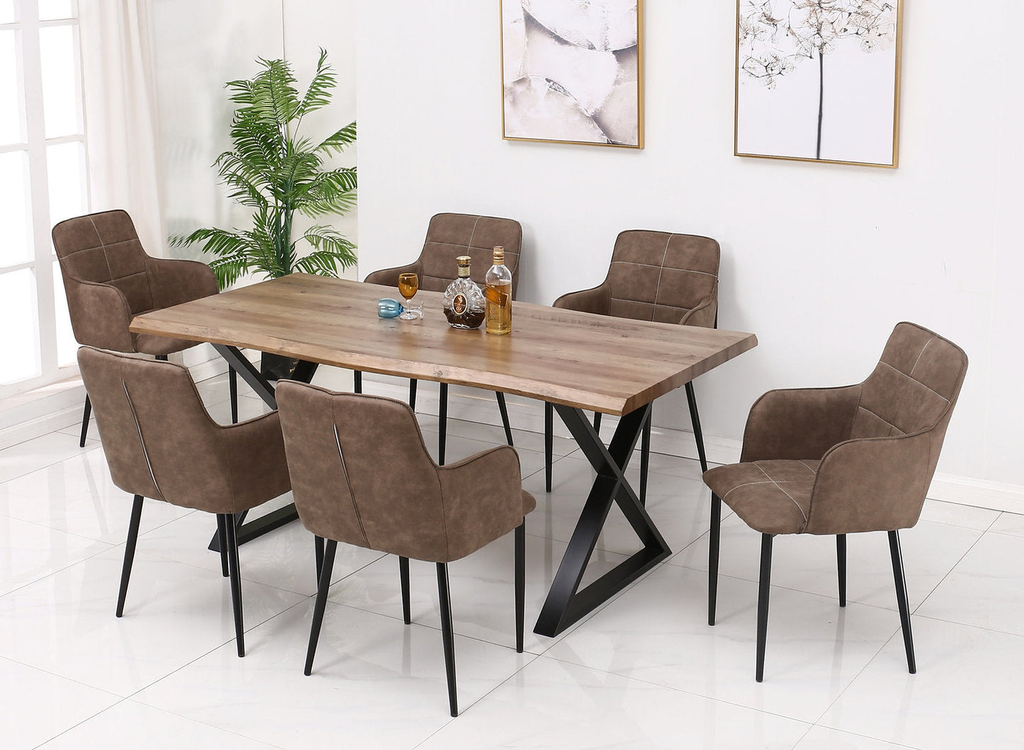 Faux Live Edge 7 Pc Wood Dining Set w Charcoal Brown PU Chairs