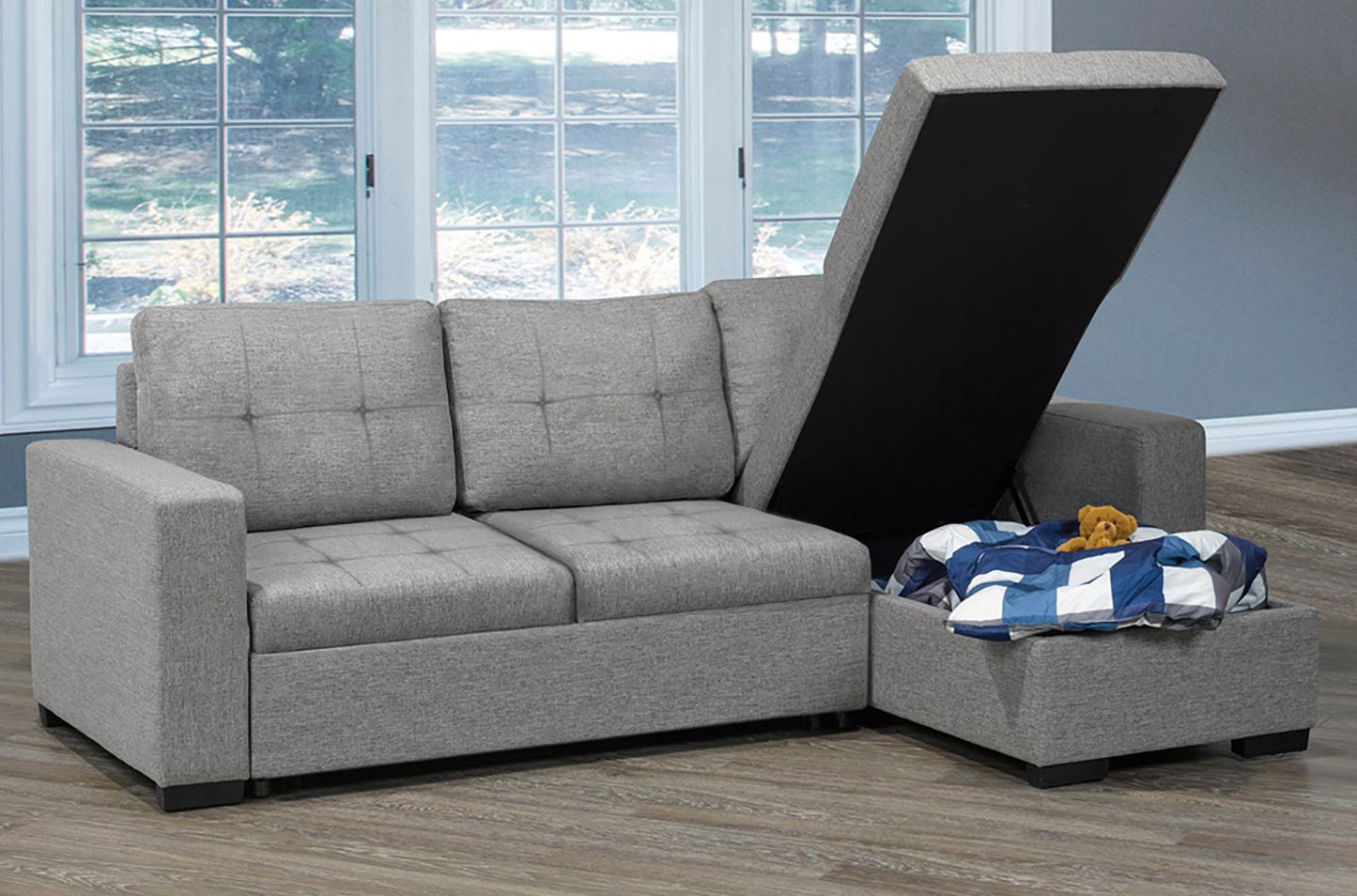 Grey Linen Pullout Sleeper Sofa Sectional