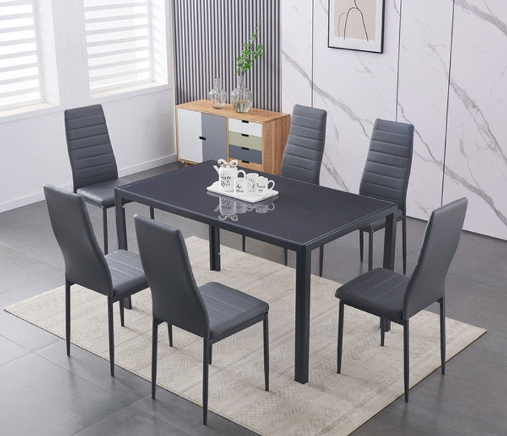 Tempered Grey Glass 7 pc Dining Set w Grey Cushion Seats