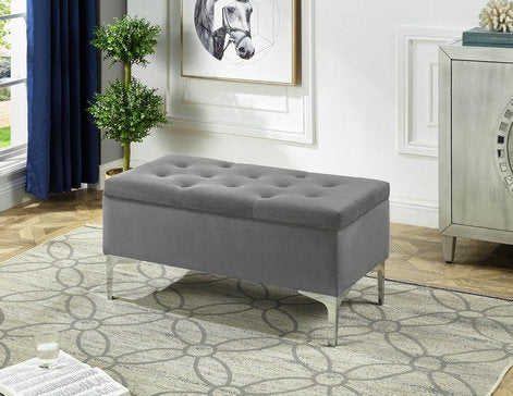 Grey Velvet Storage Bench with Deep Tufting and Chrome Legs -Ottoman