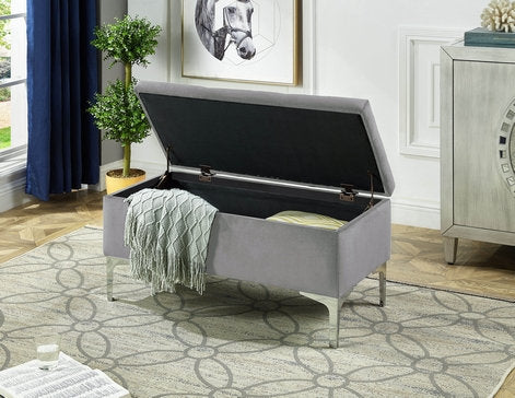 Grey Velvet Storage Bench with Deep Tufting and Chrome Legs -Ottoman