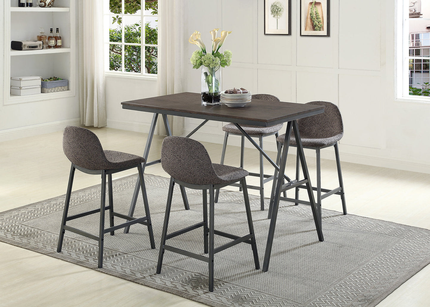 Wood Table Top w Gun Metal Legs 5 pc Pub Set