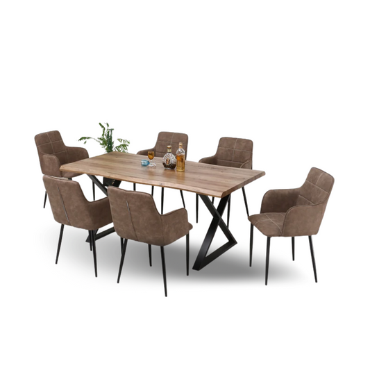 Faux Live Edge 7 Pc Wood Dining Set w Charcoal Brown PU Chairs