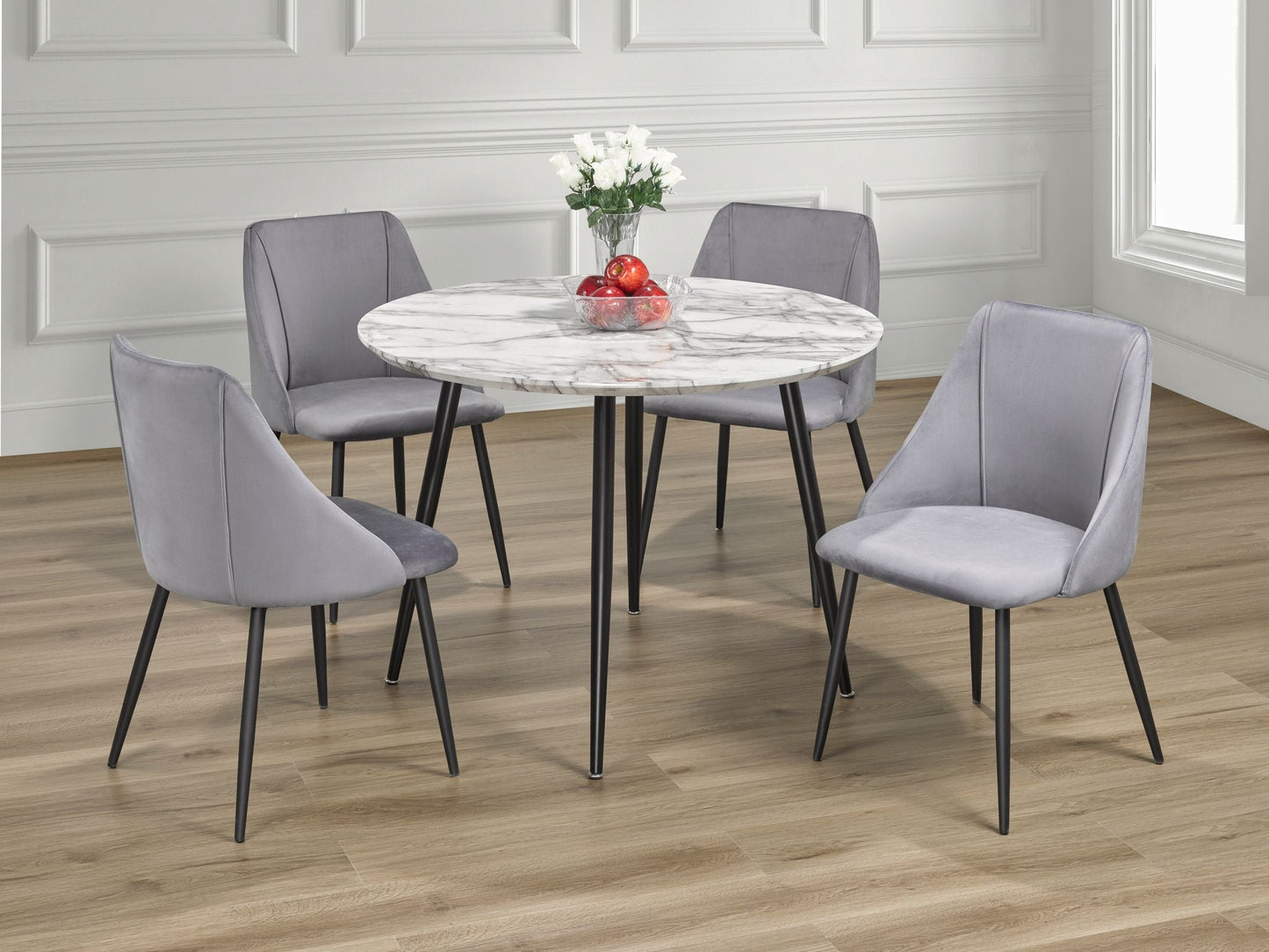 Round Faux Marble 5 Piece Dining Set with Grey Velvet Chairs