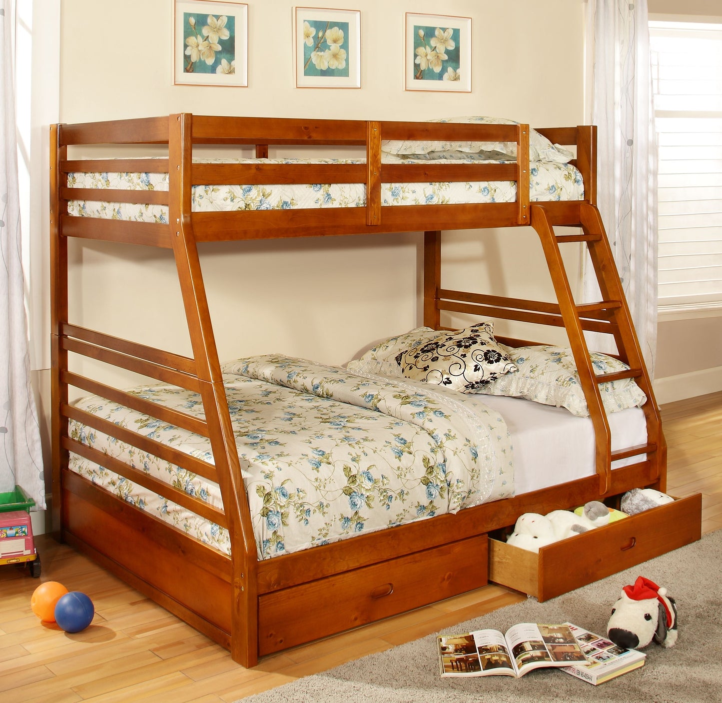 Honey Twin Over Double Wood Bunk Bed with Drawers