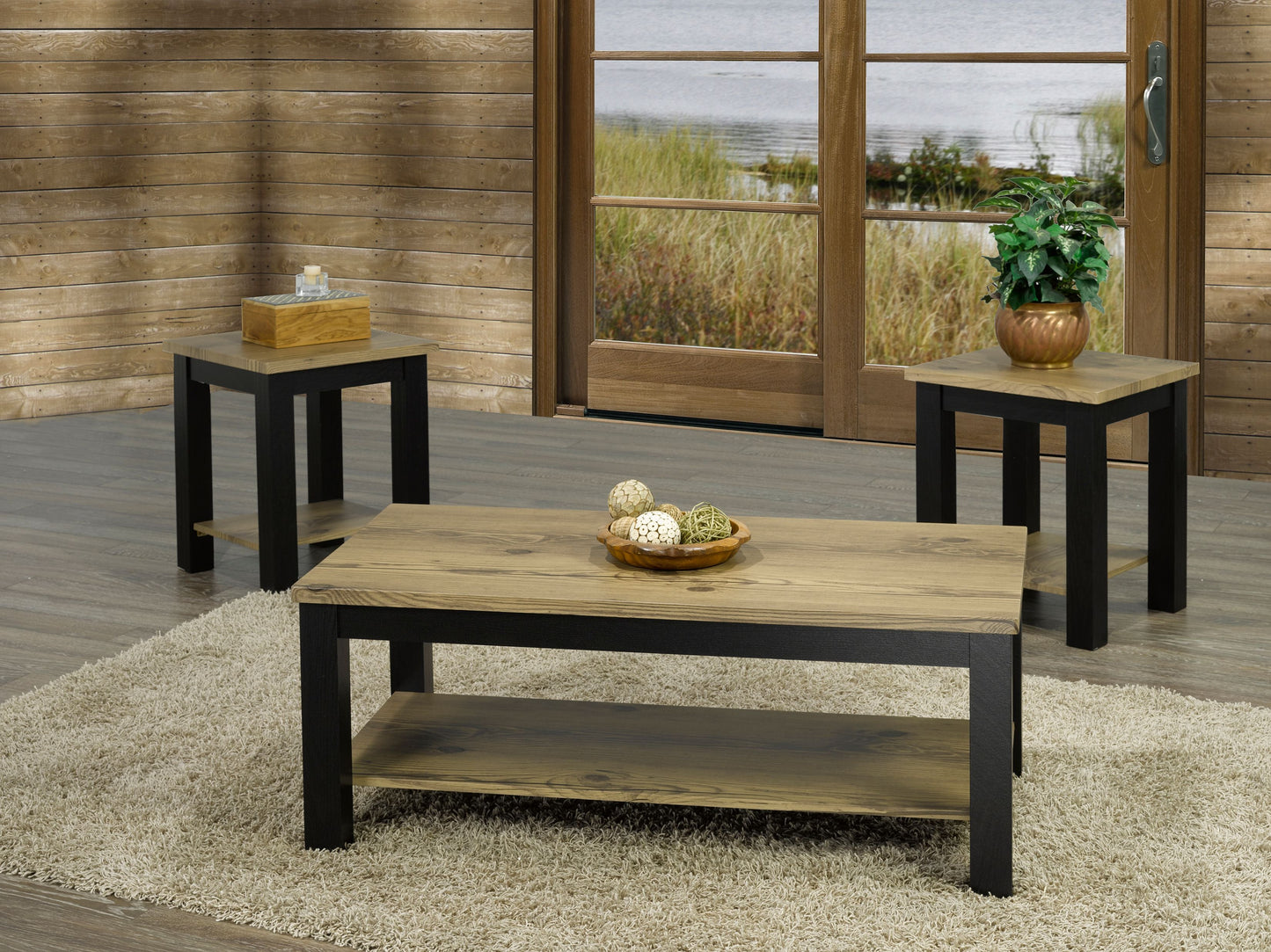 Distressed MDF Wood 3 Piece Coffee Table Set