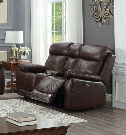 Brown Genuine Leather Power Recliner Loveseat with USB Chargers