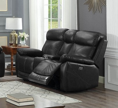 Black Genuine Leather Power Recliner Loveseat with USB Chargers