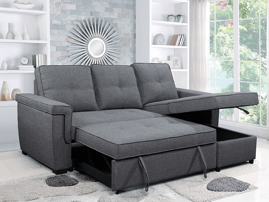 Grey Linen Reversible Sofabed Sectional with Storage and Piping Details