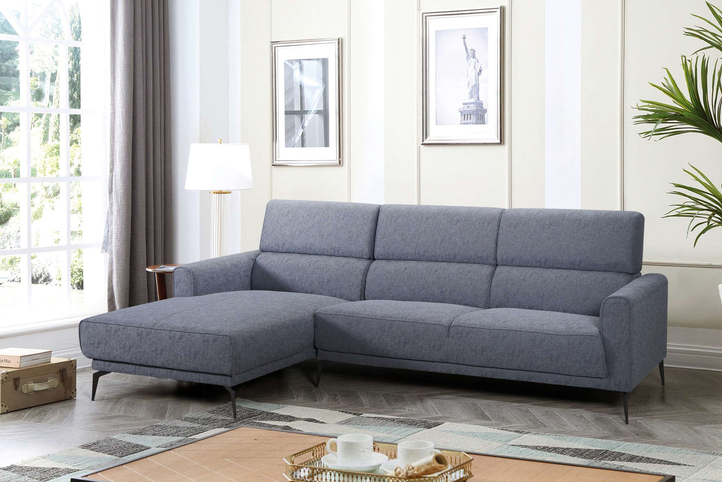 Linen Sectional with Sleek Metal Legs