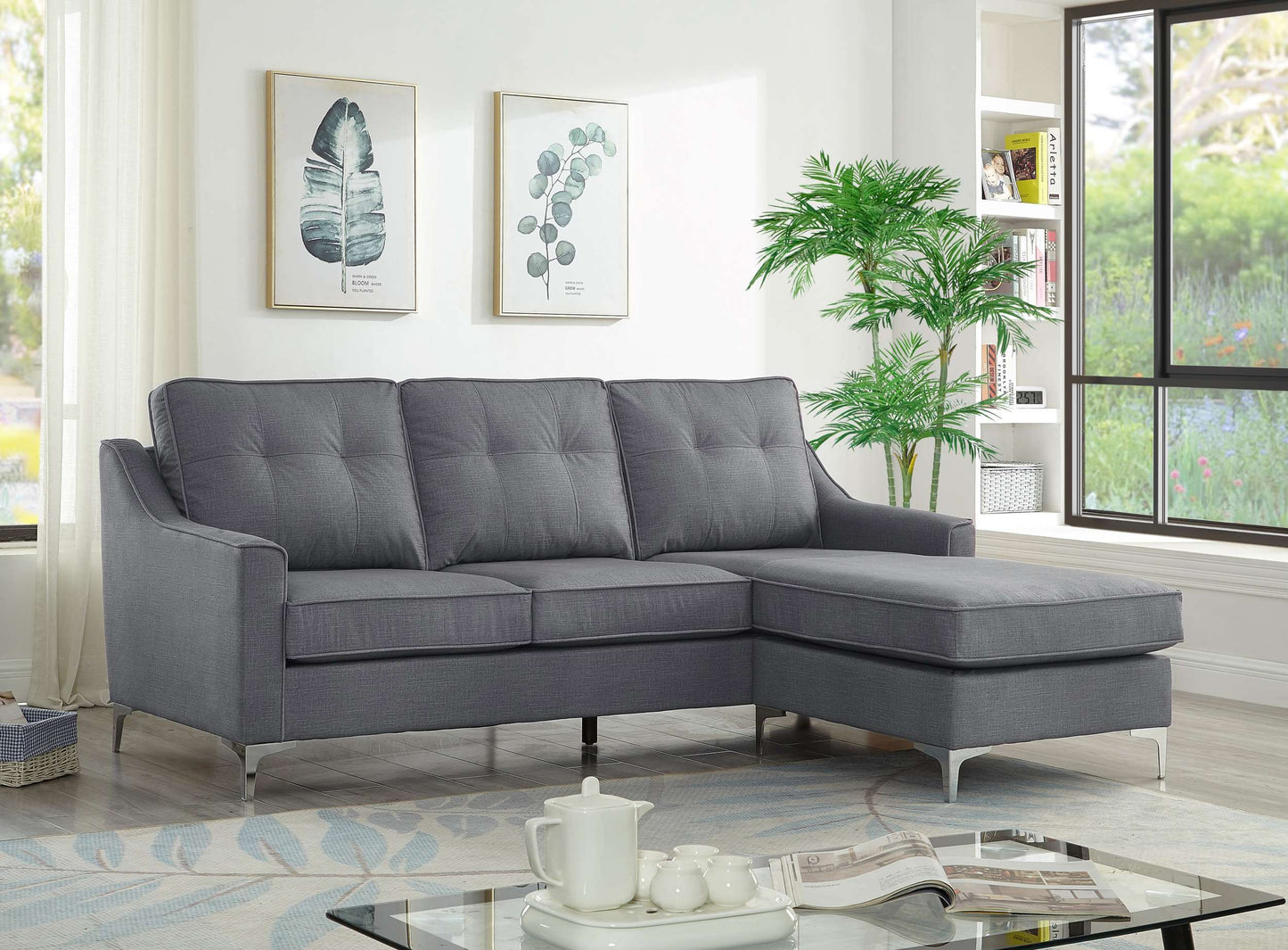 Reversible Sofa Sectional with Button Tufting and Chrome Legs