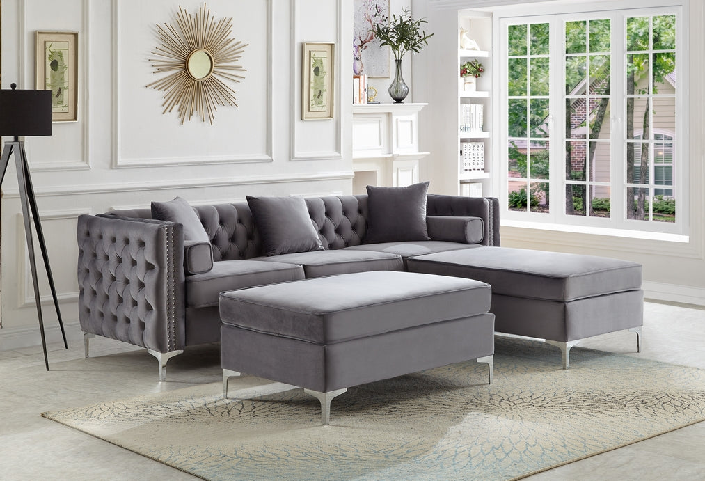 Grey Velvet Reversible Sofa Sectional with Ottoman