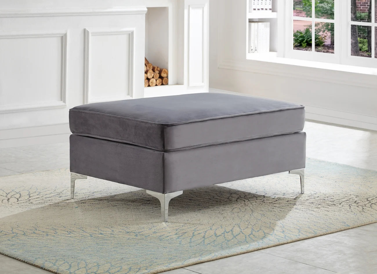 Grey Velvet Ottoman With Chrome Legs