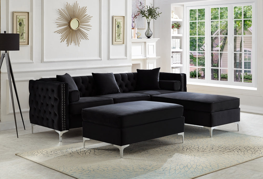 Black Velvet Reversible Sofa Sectional with Ottoman