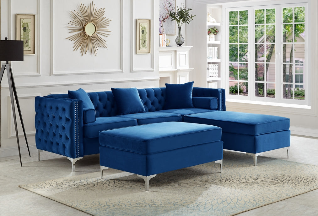 Blue Velvet Reversible Sofa Sectional with Ottoman