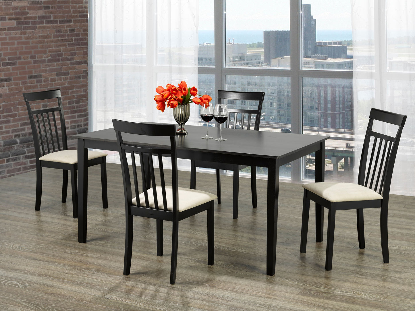 Cappuccino Wood 5 Piece Dining Set With Beige Linen Chairs