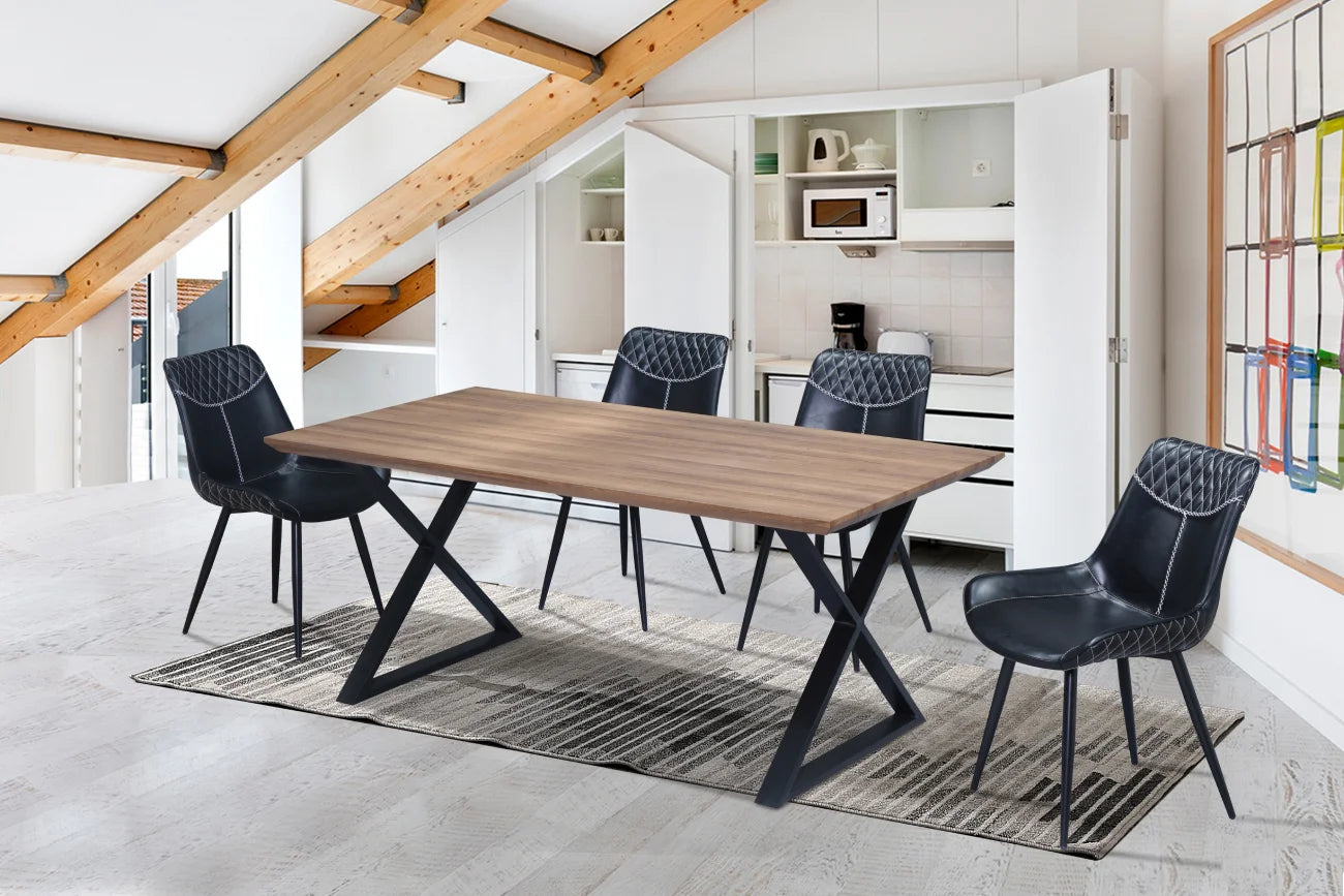 Faux Live Edge Wood Table with Black Metal X Shape Legs