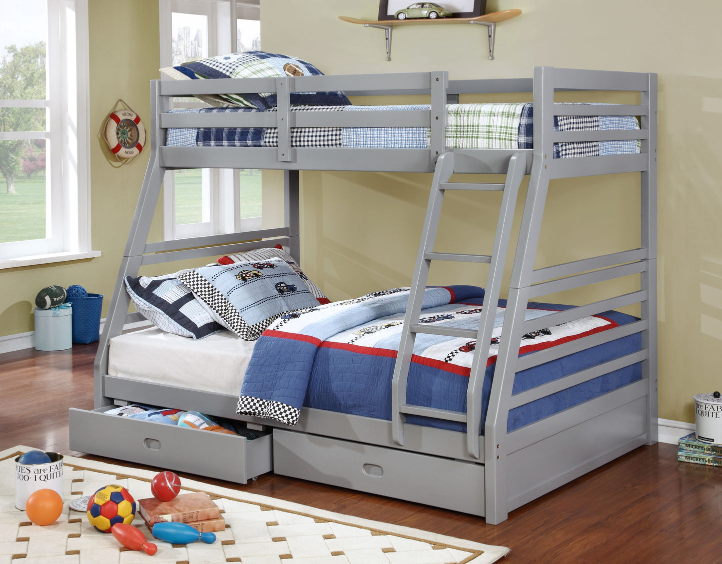 Grey Twin Over Double Wood Bunk Bed with Drawers