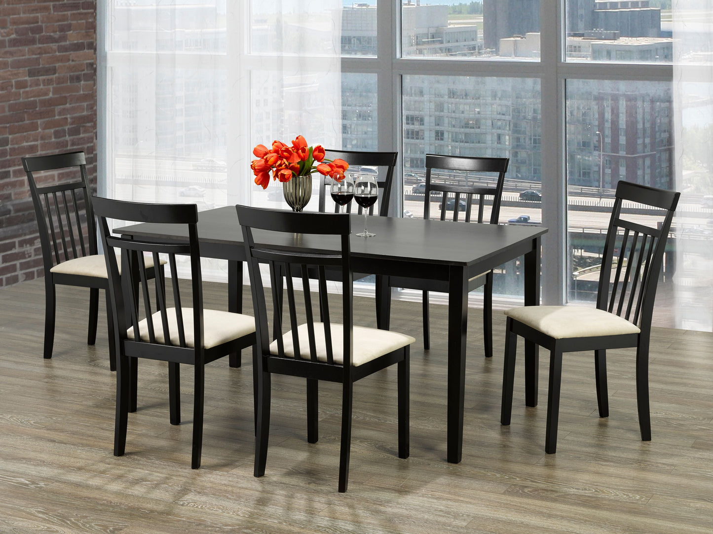 Cappuccino Wood 7 Piece Dining Set With Beige Linen Chairs