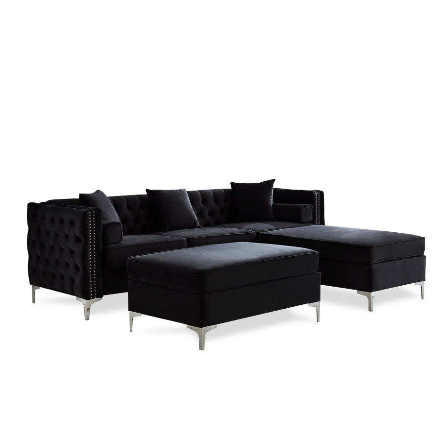 Black Velvet Reversible Sofa Sectional with Ottoman