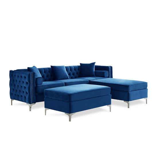 Blue Velvet Reversible Sofa Sectional with Ottoman