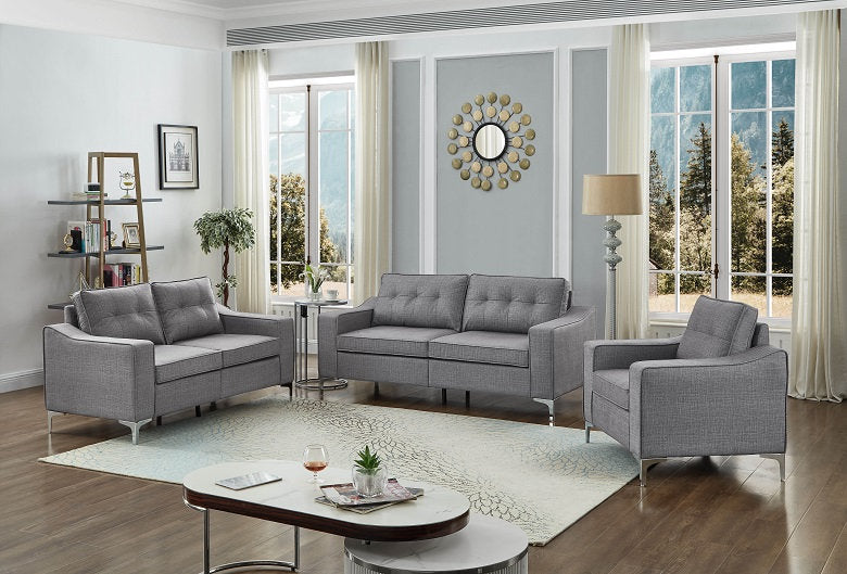 Grey Linen 3 Piece Sofa Set with Chrome Legs