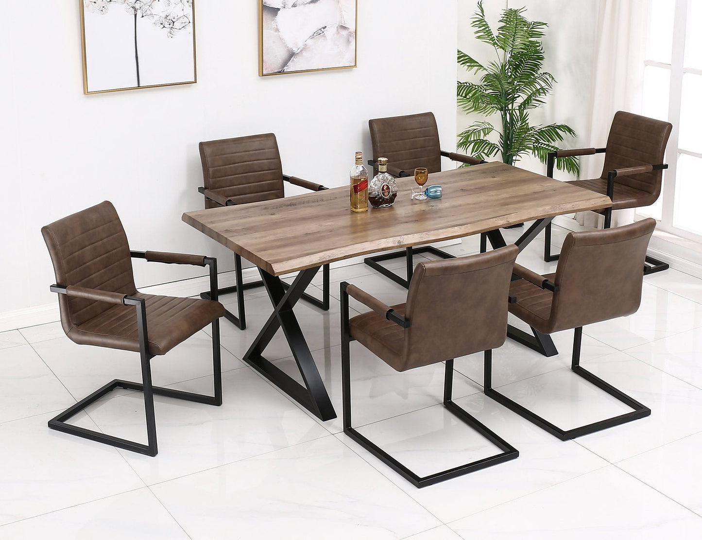 Faux Live Edge 7 Pc Wood Dining Set w Caramel Brown PU Chairs