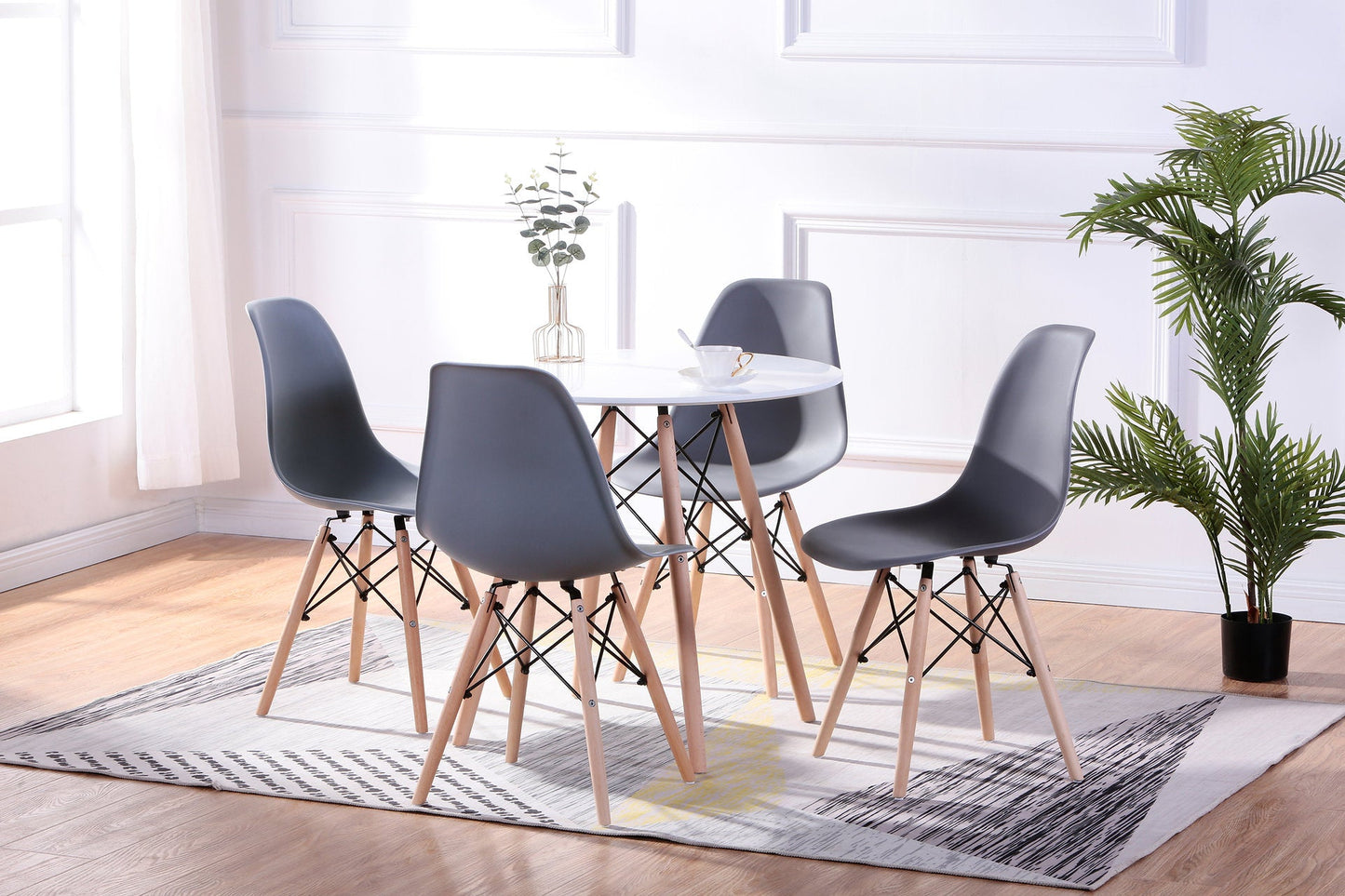 Round Lacquered Eiffel 5P Pc Dining Set w Grey Eiffel Chairs