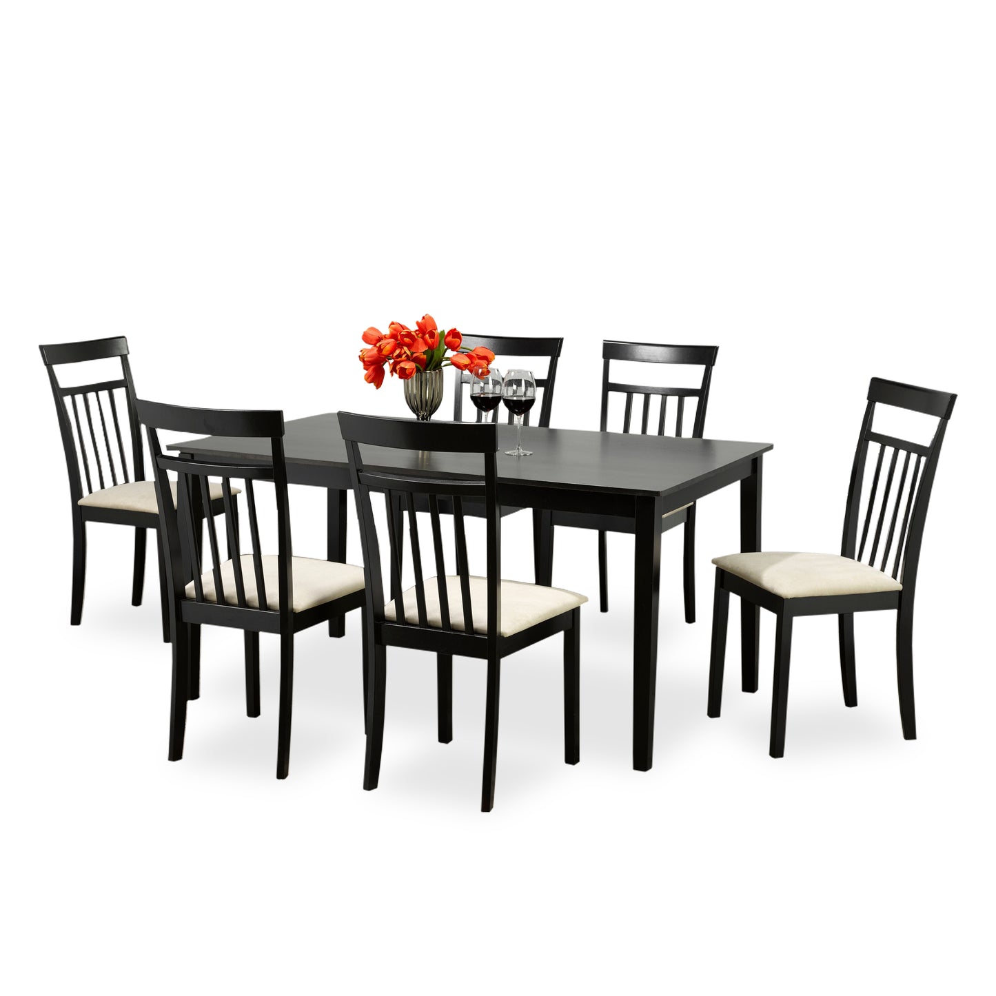 Cappuccino Wood 7 Piece Dining Set With Beige Linen Chairs