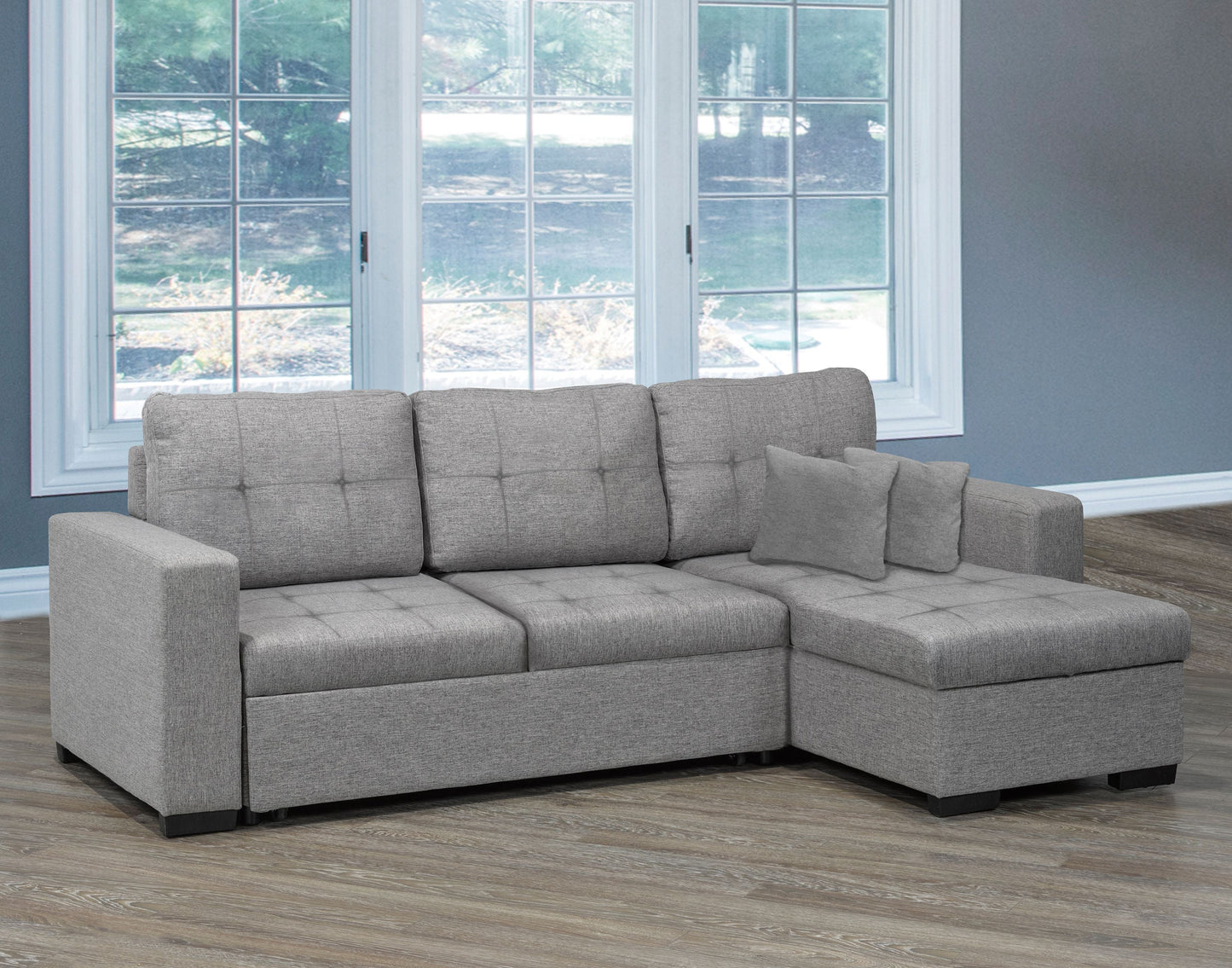 Grey Linen Pullout Sleeper Sofa Sectional